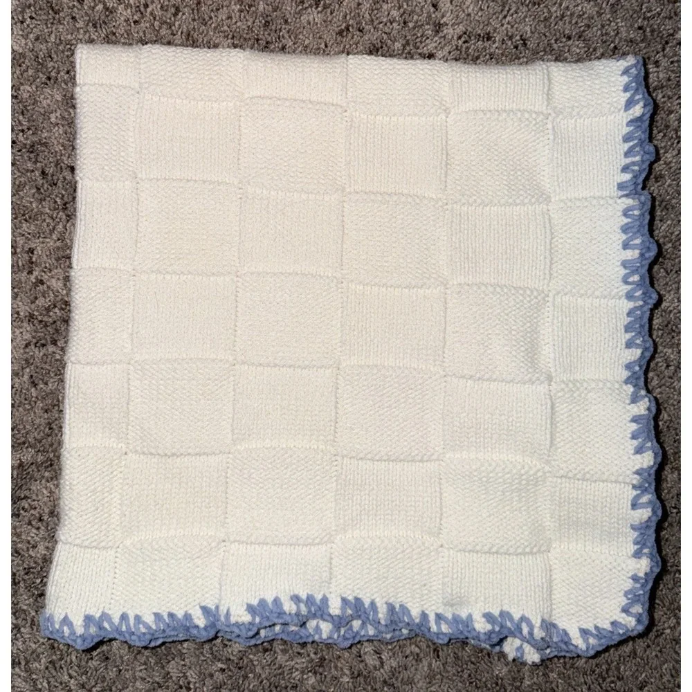 Margery Ellen Baby Blanket Cream Knit Checkered Board‎ Pattern Blue Crochet Trim